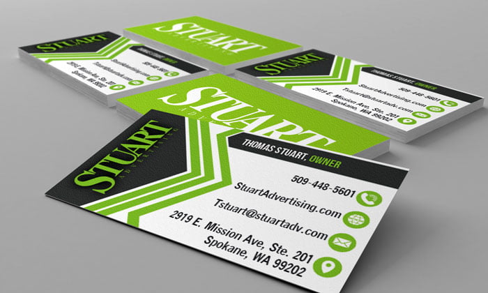 Stuart Advertising business card mockup showcasing our beautiful Graphic Design work